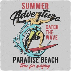 T-shirt or poster design with hand drawn illustration of man riding on surfing board