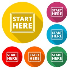 Start here sign, Start here icon, Start here button, color icon with long shadow