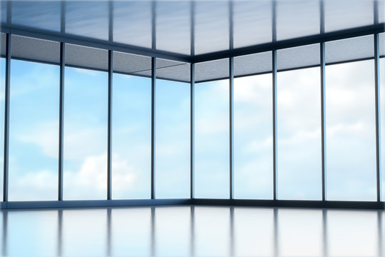 Front big hall and wide window with reflection floor. Sky view and daylight background. Modern showroom interior concept. 3D Rendering