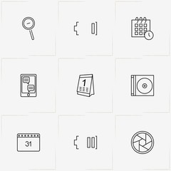 Mobile Interface line icon set with photo camera lens , mobile chatting and calendar