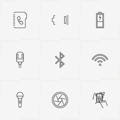 Mobile Interface line icon set with battery charging , wireless network symbol  and mobile unlock