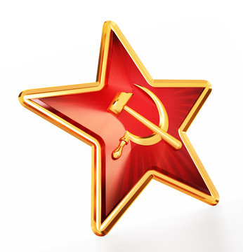 Communist symbols hammer and sickle on red star. 3D illustration