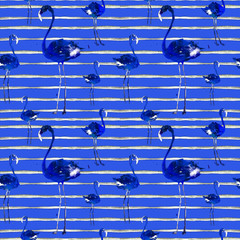 Hand Drawn Illlustration With Flamingo and Stripes. Exotic Summer Beach Motif. Swimwear Design, Wrapping, Background, Wallpaper, Fabric. Hawaiian Print. Jungle Birds Repeated Ornament. Africa.