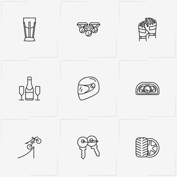 Moto Sport line icon set with bike gloves, bike jump board and champagne