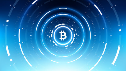 Bitcoin cryprocurrency futuristic vector illustration for background, HUD, graphical user interface, banner, business and finance infographics and more. Worldwide digital money blockchain system