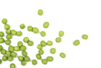 Fresh green peas isolated on white background, top view
