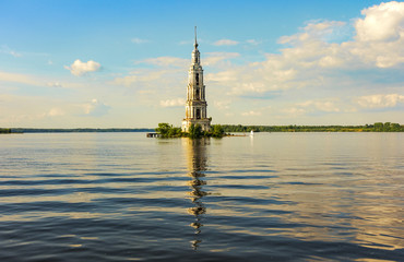 Fototapeta na wymiar Flooded bell tower in Kalyazin - the main landmark of the city, Tver region, Russia