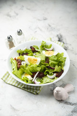 Lettuce salad with fried bacon, red onion and hard boiled egg