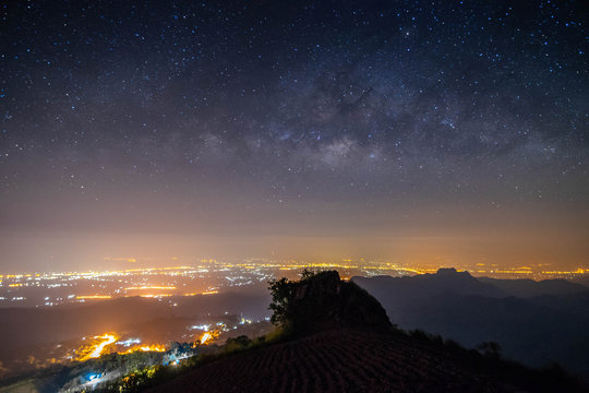 night landscape mountain and milky way  galaxy background , thailand , long exposure , low light