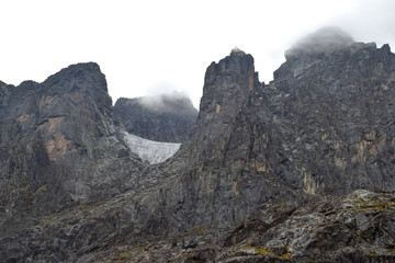 Mount Stanley in the Rwenzori Mountains seen from Elena Hut, Uganda