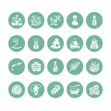 Essential Oils Aromatherapy Vector Flat Glyph Icons Set. Elements - Aroma Therapy Diffuser, Oil Burner, Candles, Incense Sticks. Pictograms For Spa Salon. Solid Silhouette Pixel Perfect 64x64.