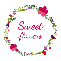 Flower vector frame banner with bird and colorful flowers.