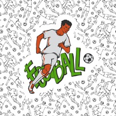 Vector football soccer in sports uniform run with ball. Vintage sportsman motion on background of inscription and black white seamless pattern with different players. Outline flat illustration