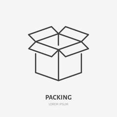 Open box flat line icon. Delivery, packing sign. Thin linear logo for freight services, cargo shipping. - obrazy, fototapety, plakaty