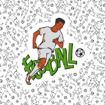 recommend clip art: Vector football soccer in sports uniform run with ball. Vintage sportsman motion on background of inscription and black white seamless pattern with different players. Outline flat illustration