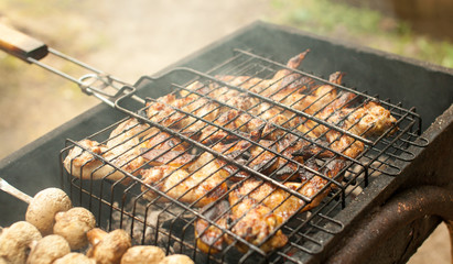 Chicken wings on the grill prepared on the coals