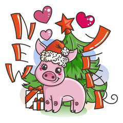 Happy New 2019 Year card with cartoon baby pig. Small symbol of holiday.
