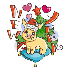 Happy New 2019 Year card with cartoon golden baby pig. Small symbol of holiday.