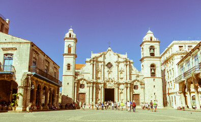 Fototapeta na wymiar Panoramic of Plaza de la Cathedral in Old Havana with the baroque architecture of San Cristobal Cathedral.