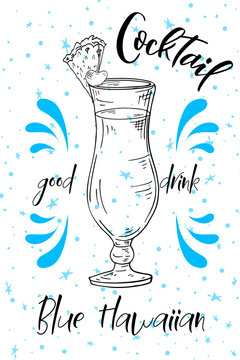 Blue Hawaiian Cocktail. Hand Drawn Drink On White Background. Vector Illustration