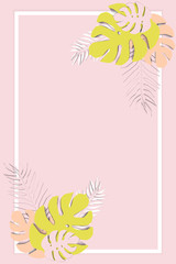 Fototapeta na wymiar Tropical background in paper art style with plants and, flowers in pastel colors. Vector illustration.