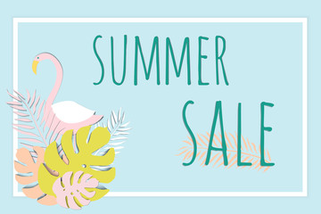  Tropical background in paper art style with plants,  flowers and flamingo. Vector illustration.