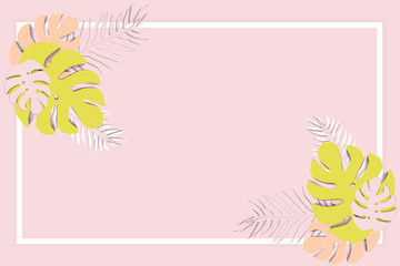  Tropical background in paper art style with plants and,  flowers in pastel colors. Vector illustration.