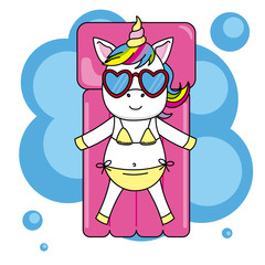 unicorn with sunglasses and bikini sunbathing on a beach mattress
