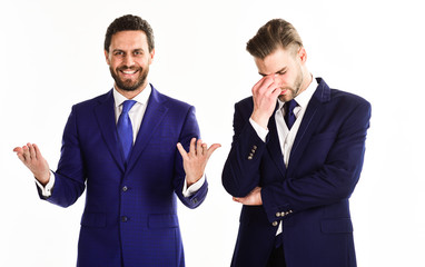 Man with smiling face full of energy near unhappy partner.