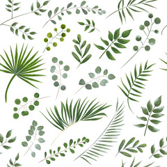 pattern of green leaves on a white background, watercolor style.