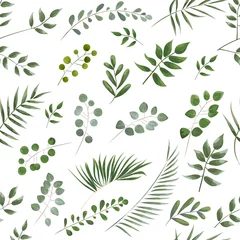 Behang Aquarel bladerprint patroon van groene bladeren op een witte achtergrond, aquarel stijl.