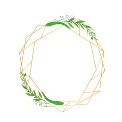 Geometrical gold frame  with watercolor plants. Can be used for Greeting Cards, Posters, Banners, Save tha Date cards.