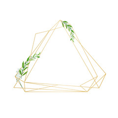 Fototapeta na wymiar Geometrical gold frame with green botanical watercolor elements. Template with place for your text. Can be used for Greeting Cards, Posters, Banners, Save tha Date cards.