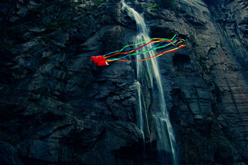Kite, waterfall, fly, colourful, colorful, travel, adventure, rock, journey, falling water, leisure time