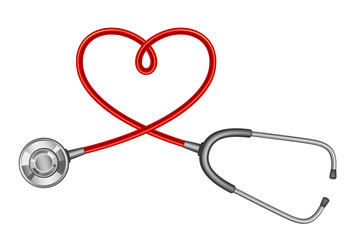 Stethoscope with a twisted cord in the shape of a heart on a white background