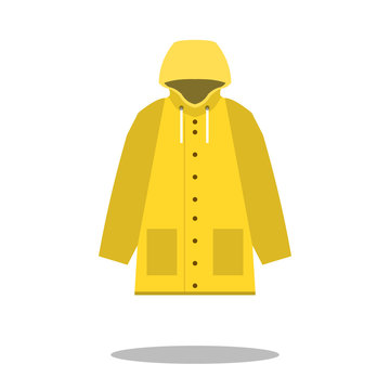 Raincoat Yellow Icon, Flat Design Of Rain Coat Clothing With Round Shadow, Vector Illustration