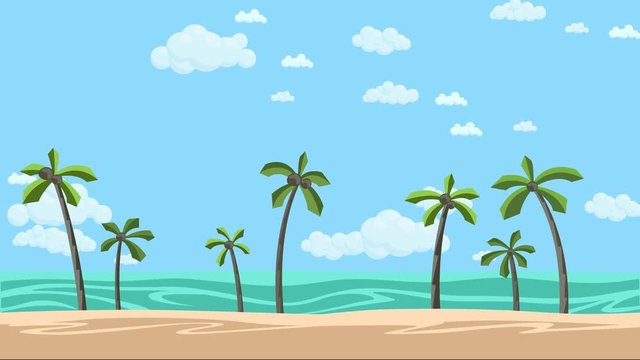 Sunny beach with palms and cloudy skyscape background. Animated background. Flat animation.