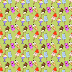 Ice cream cones, pattern seamless, color of different, doodle emotion. Smiling and angry. Love and surprise. Dessert handmade. Vector illustration