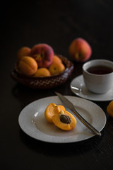 apricot, white, plate, tea, coffee, healthy, dark style, food