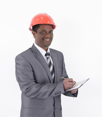handsome engineer architect signing a contract.isolated on white