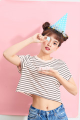 Portrait of young lady eating marshmallows. Portrait of young lady eating marshmallows. Girl fool around with marshmallow