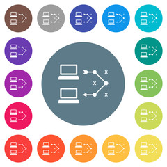 Traceroute remote computer flat white icons on round color backgrounds