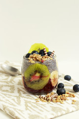 Chia pudding with coconut milk, blueberry and granola