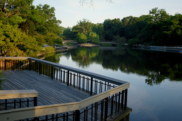 View from the observation deck of the lake at Pullen Park in downtown Raleigh North Carolina in the...