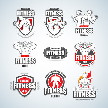 Man woman Fitness logo templates set. Gym club logotypes. Sport Fitness club creative concepts. Gym club logotypes. Bodybuilder, Sportsman Fitness Model Illustration, Sign, Symbol, badge.