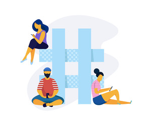 Social media isometry concept with people.Hashtag flat vector concept. People with smartphones are sitting on hashtag sign.