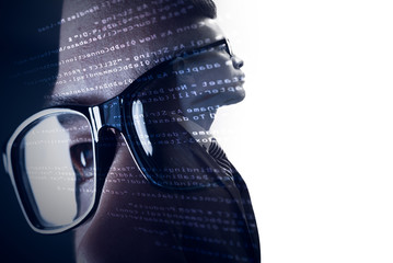 The double exposure image of the businessman standing overlay with source code and programmer image...