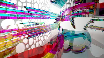 Abstract white and colored gradient glasses interior multilevel public space with window. 3D illustration and rendering.