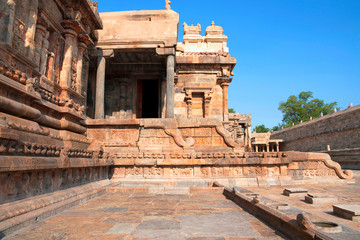 Fototapeta na wymiar Southern wall and a portion of mukha-mandapa, Airavatesvara Temple complex, Darasuram, Tamil Nadu