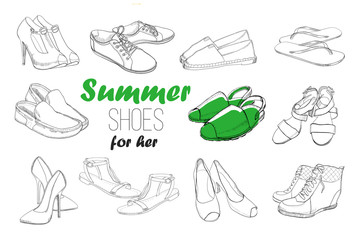 illustration of Set hand drawn graphic Men and women Footwear, shoes. Shoe for casual, sport and classical style, gumshoes, boots for all seasons. Doodle, drawing of isolated object.